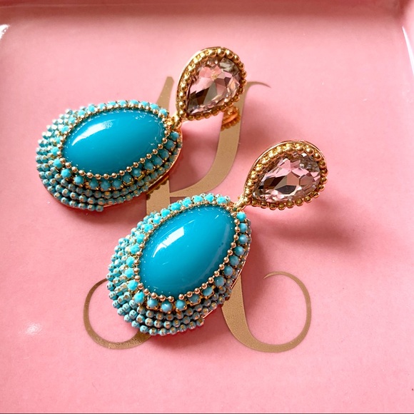 Jewelry - Turquoise Teardrop Rhinestone and Resin Earrings